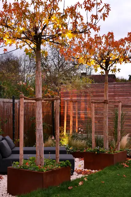 Garten der WolkenGuckerei im Herbst mit Lounge und beleuchtetem Sichtschutz
