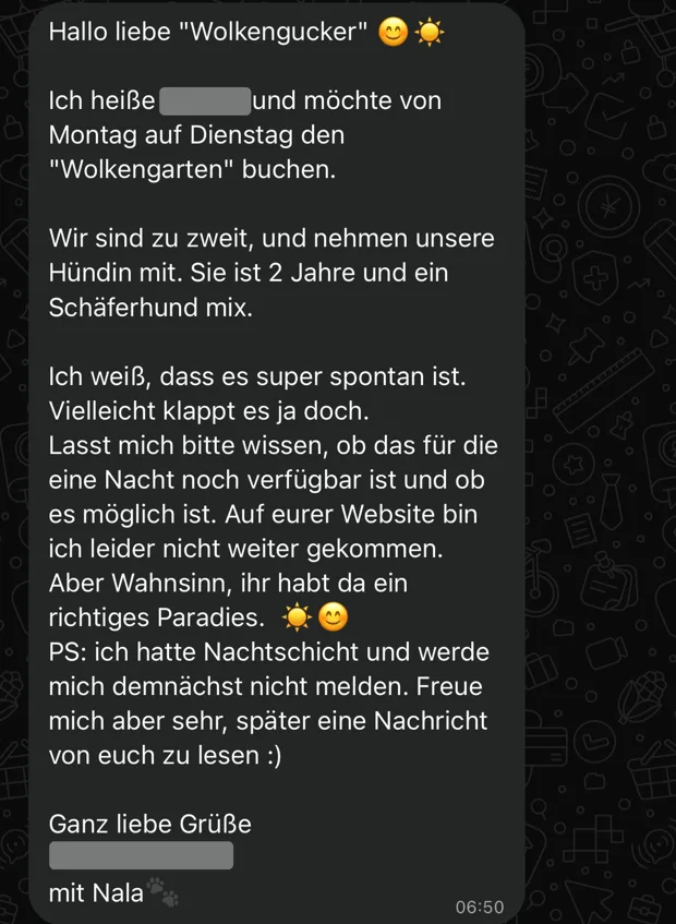 Die Nachricht, mit der alles anfing: eine Anfrage für nur eine Nacht, Namen unkenntlich gemacht