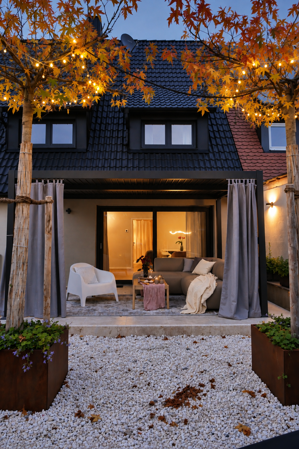 Gemütliche Lounge-Terrasse der WolkenGuckerei am Abend