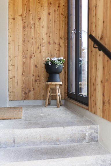 Eingang Holzverkleidete Wand mit einer Pflanze auf einem Hocker neben einer Treppe.