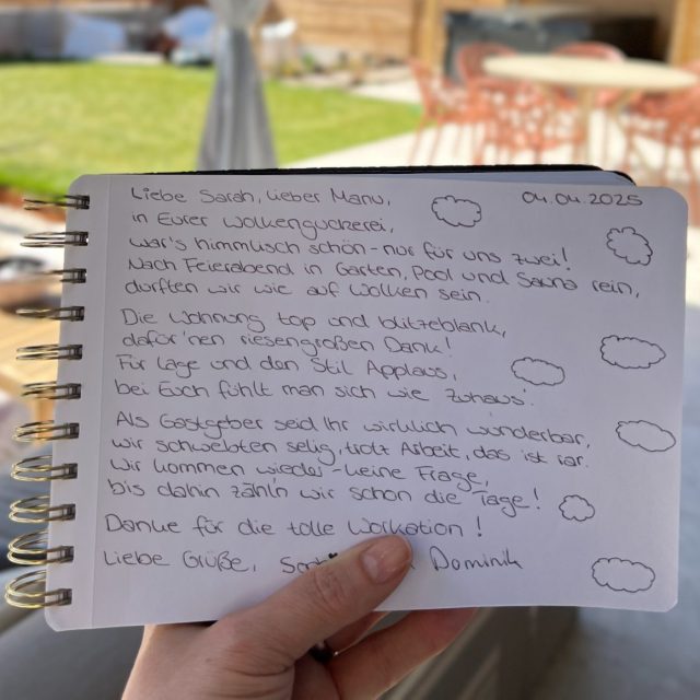 Handschriftlicher Gästebucheintrag über die Workation in der WolkenGuckerei