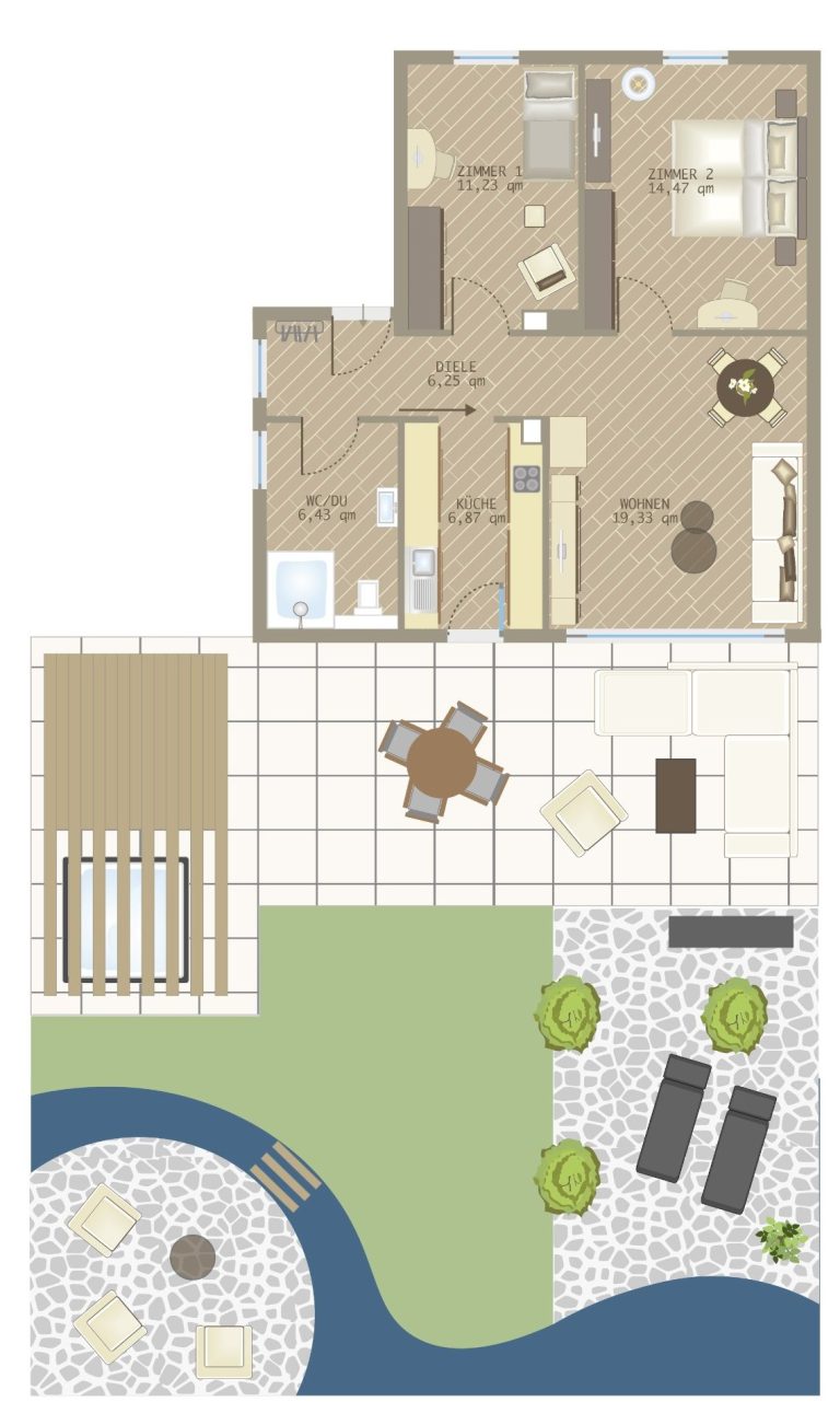 WolkenGarten Grundriss eines Wohnraums mit Wohnzimmer, Küche, Bad und Außenbereich.