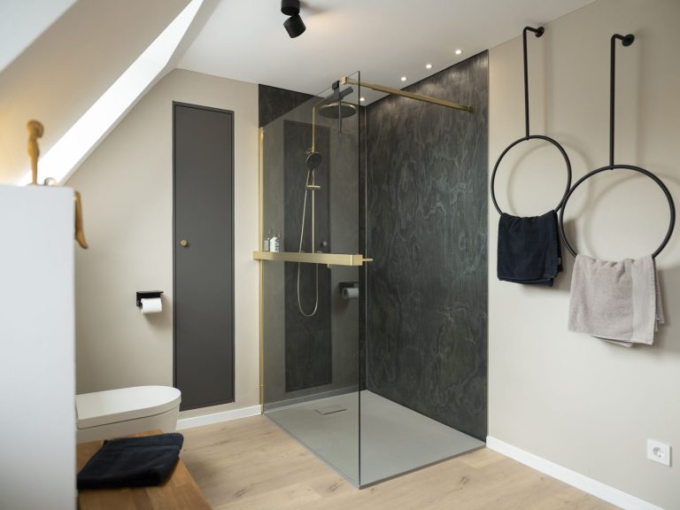 Bad Moderne Dusche mit Glasabtrennung, goldenen Armaturen und minimalistischen Ringen.