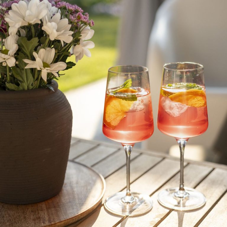 Aperol Time Zwei Cocktails mit Früchten und Eiswürfeln, daneben eine Blumentopf mit weißen Blumen.